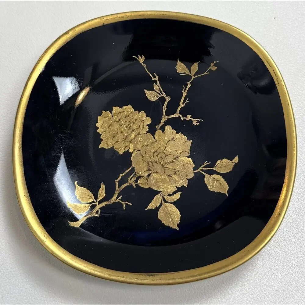 Vintage Alboth Kaiser Black Gold Rose Vanity Trinket Dish Constanze Floral 4”